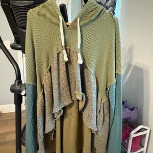 POL Olive and Teal Hooded Poncho